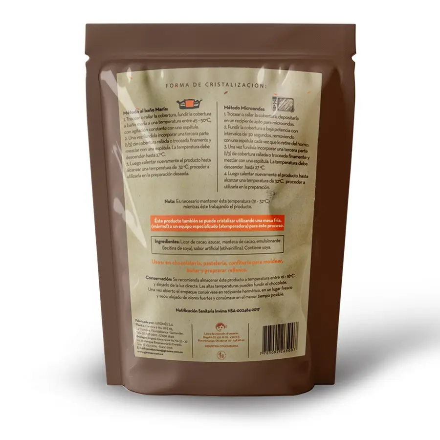 Cobertura de chocolate Leyenda 70% Cacao 2 Kg